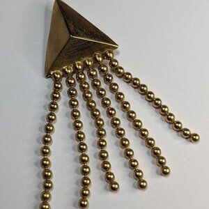Vintage Triangle Pyramid Brooch Golden Tone Chandelier Ball Chain Pin 1980s